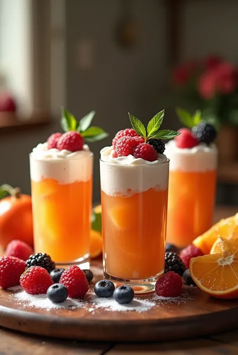 Milk cream scattered on  ,A tray of drinks in syrup country fruit dessert ,  masterpiece hyper-realistic ultra-detailed cinema art 5D ultra-detailed realistic 4k full colors 