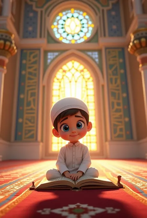 A Pixar-style illustration of a cute small boy with innocent blue eyes and a peaceful smile, sitting on a colorful prayer mat inside a grand mosque. He is wearing a white Islamic cap and traditional modest attire, with the Quran placed on a wooden rehal in...