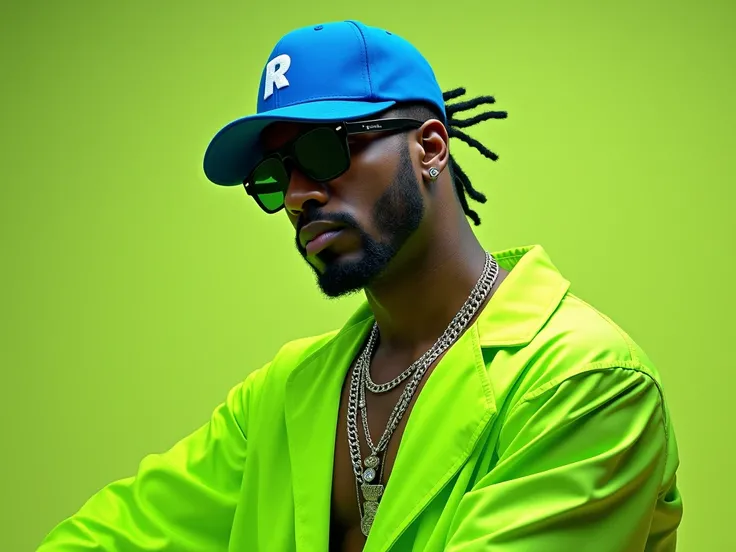 Create a image of indian Man Hiphop rapper wearing neon green dress and blue cap with letter R and jewelry chain in neck and sunglass  