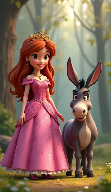 Princess Fiona and Donkey  ,  Princess Fiona in pink .Once upon a time,  in the distant kingdom of Farquaad ,  where Princess Fiona and the Donkey met in a very unusual situation.  Fiona was trapped in a tower ,  but instead of waiting for a prince ,  she ...