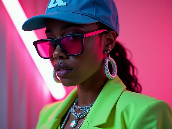 Create a image of Man Hiphop rapper wearing neon green dress and blue cap with letter R and jewelry chain in neck and sunglass  