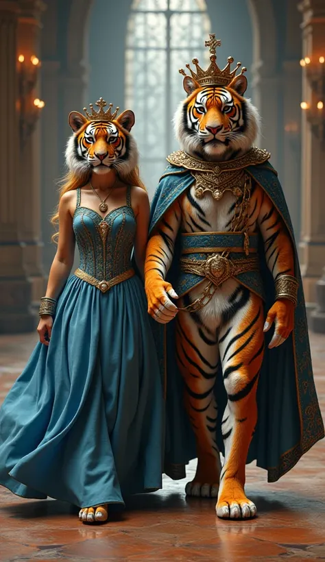 Two Humanoid Tiger King And Queen Walking Straight In A Big Castle, Female Tiger Head Queen Wearing Beautiful Tiger Blue Queen Dress With A Crown, Male Tiger Head King Wearing King Outfit With A Giant Crown, Walking Straight To The Camera, Expensive Diamon...