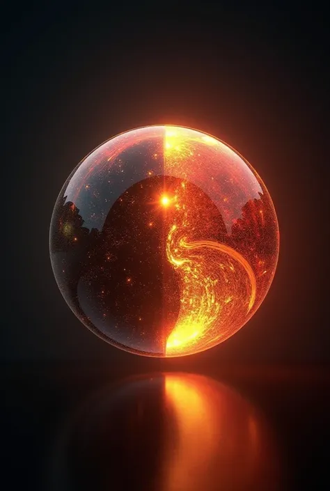 Create an image of a glowing sphere inspired by video games. The sphere should be split into two halves, one representing positive karma and the other representing negative karma. The positive side should shine with warm, golden light, while the negative s...