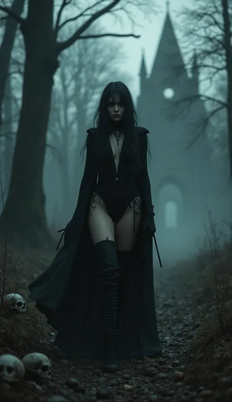 arafed woman in a black bodysuit walking on a darkest forest and going to a creepy castle ruins, gothic horror vibes, dark fantasy, sinister pose, goth woman, dark and horror style, dark goth queen, gothcore, creepy pose, scary pose, darkwave goth aestheti...