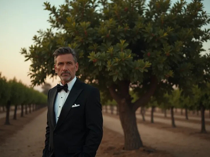 " A quiet vineyard at dusk . An elegantly dressed man , with a serious expression,  stands in front of a large, leafy but completely fruitless fig tree.  The land around the fig tree looks dry and dead ".