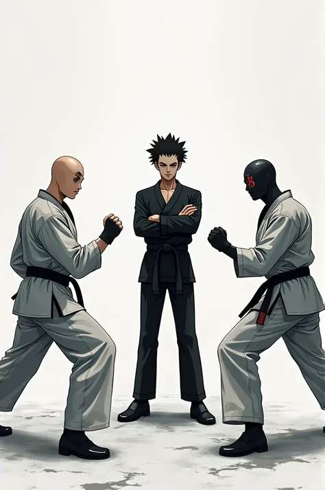  Zushi from Hunter x Hunter ,  with two fighting mannequins one on each side in a fighting position,  the mannequins are wearing karate clothes and have no nose , Mouth not eyes .  They have a kanji written human on their forehead 