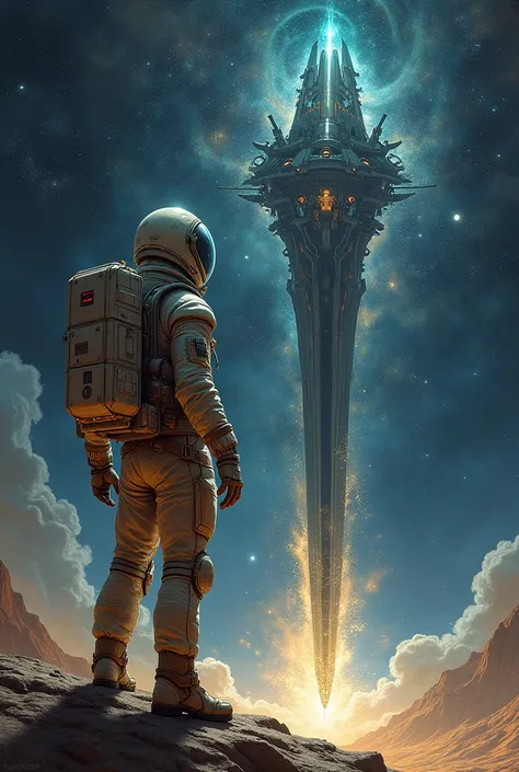 Drawing of astronaut ren in the middle of the universe pointing to a large throne in the background