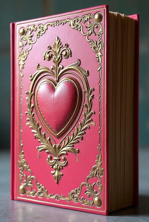 a thick, well-loved cookbook bound in shimmering pink leather, adorned with gold-trimmed pages. The cover features an embossed heart-shaped crest, surrounded by delicate patterns of vines, fruits, and flowers