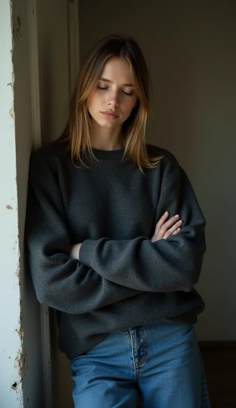  Authentic image with many contours , authentic skin .  A dainty sporty 30-year-old German woman with straight dark blond shoulder-length hair.  She has a narrow face with high cheekbones.  She is wearing a dark gray oversized wool sweater and oversized wi...