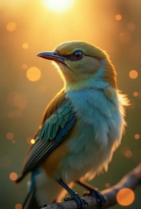  A fascinating close-up of a beautiful little bird,  illuminated by the soft golden light of a peaceful morning, with bright bokeh,  gently framing her elegant shape .