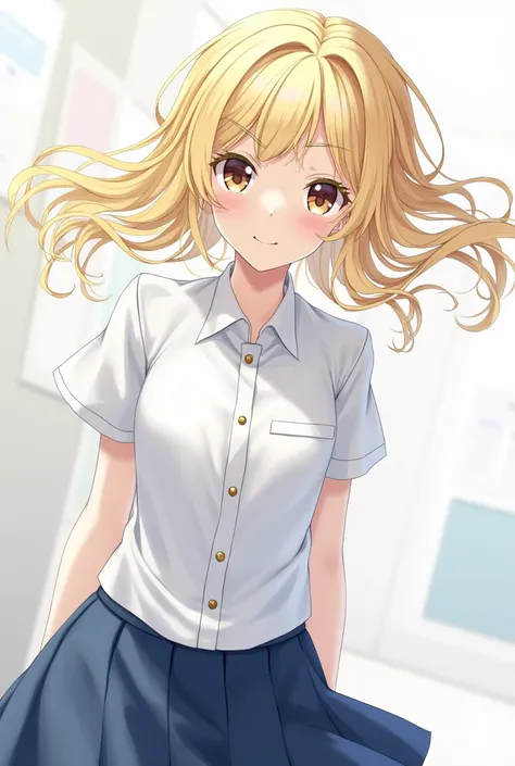 Blonde hair design with  school uniform white and blue