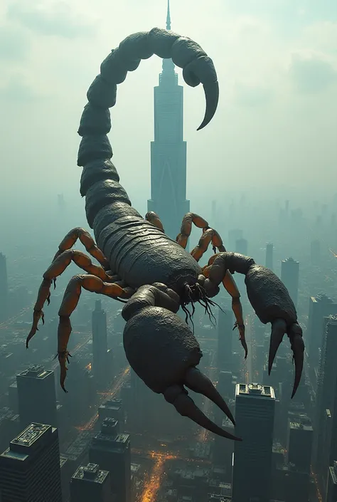 Create a scorpion, the tail of which extends as far as the top of a skyscraper 