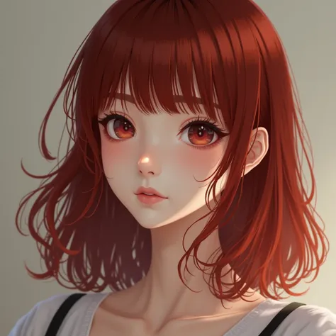  winning prize,  highly detailed , ultra quality: 1.3), ( photorealistic :1.4), masterpiece, highres, very beautiful Japanese girl, 23 years old with an innocent face .  She has red hair and eyes and shoulder-length hair with blunt bangs.
