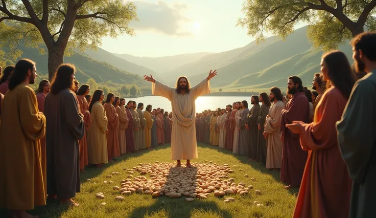 Image of Jesus multiplying the loaves and fishes for people 