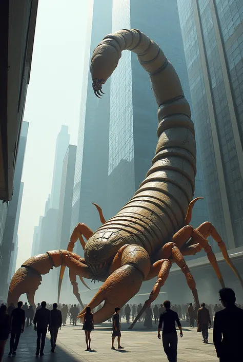 Create a scorpion, the tail of which extends as far as the top of a skyscraper. But the scorpion is on the ground. People are walking beside it