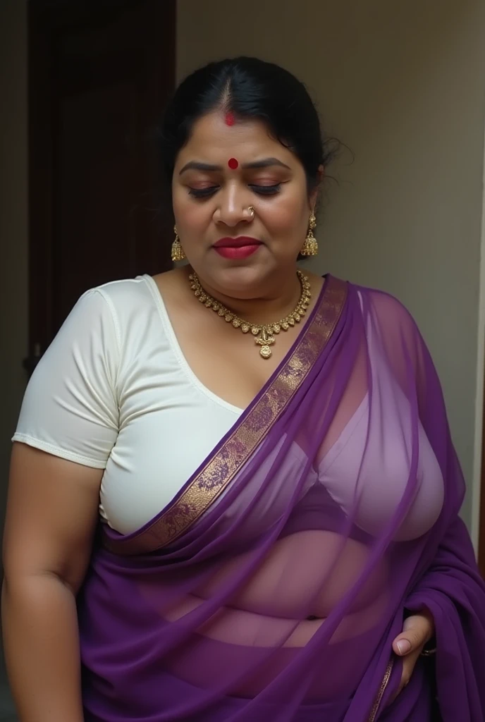 Indian thick aunty showing cleavage by bending down in sarre, oversized blouse no sleeves,  erotic, seducing, saree purple transparent, white blouse, sexy facial expressions , indian traditional outfits, boobs valley, closeup photography, prime lens cinema...