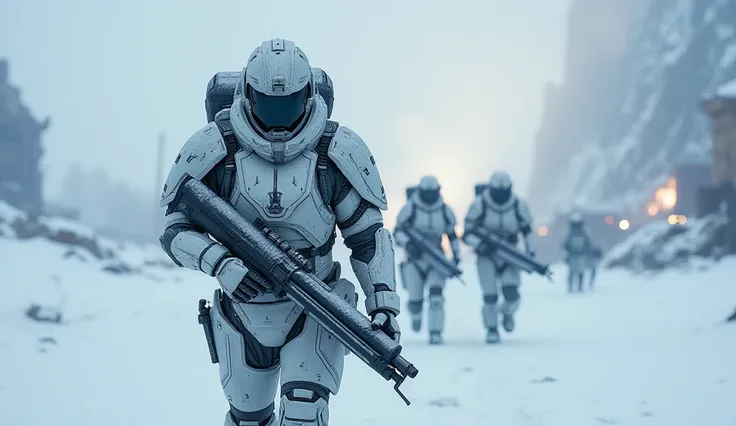 An Arctic warrior clad in futuristic armor, equipped with a sleek, modern energy blaster. The scene depicts an elite force of Arctic warriors advancing through a snow-covered landscape, their advanced technology gleaming in the icy environment. They are on...