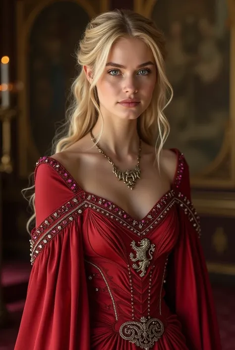 Create a young lannister woman, Blonde and blue-eyed with a big dress with a kind smile on her face that doesn&#39;t show her teeth and a beautiful red dress with a lion emblem and rubies 