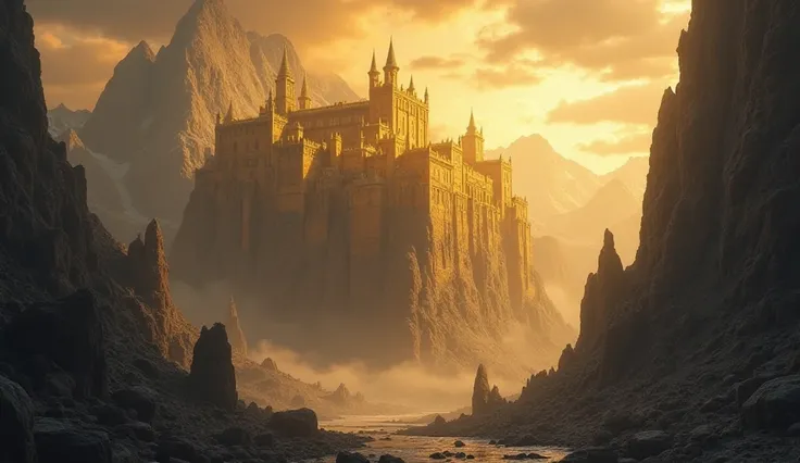 Prompt:
"A colossal golden fortress built into the rugged cliffs of a mountain range. The fortress glows with a soft golden hue, its massive walls and spires rising majestically from the rocky terrain. The structure appears ancient yet well-preserved, with...