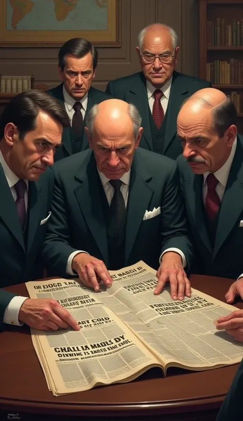 British officials in a colonial office, looking tense and concerned, surrounded by newspapers with headlines about the salt protest spreading across India.