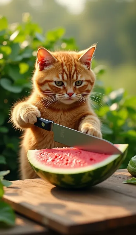 A hyper-realistic depiction of a chubby orange tabby cat standing on its hind legs in a vibrant vegetable garden. The cat is intensely focused as it uses a sharp kitchen knife to chop a fresh watermelon placed on a wooden cutting board. The scene captures ...