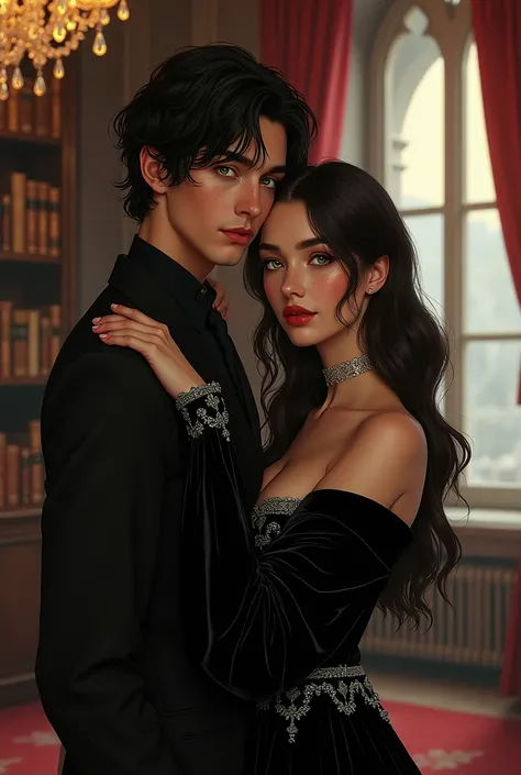 The scene portrays a couple in a sophisticated and stylized artistic style. The male character retains his delicate face with fine features, no beard, black hair that is slightly messy and naturally textured, and moderately long. His greenish-yellow eyes s...