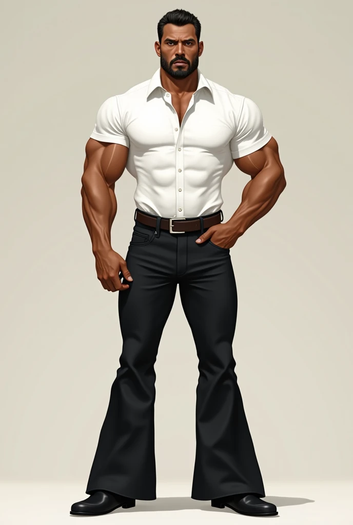 A aetheletic man wearing a white shirt and black bell bottom pant full body , square face , big nose, 