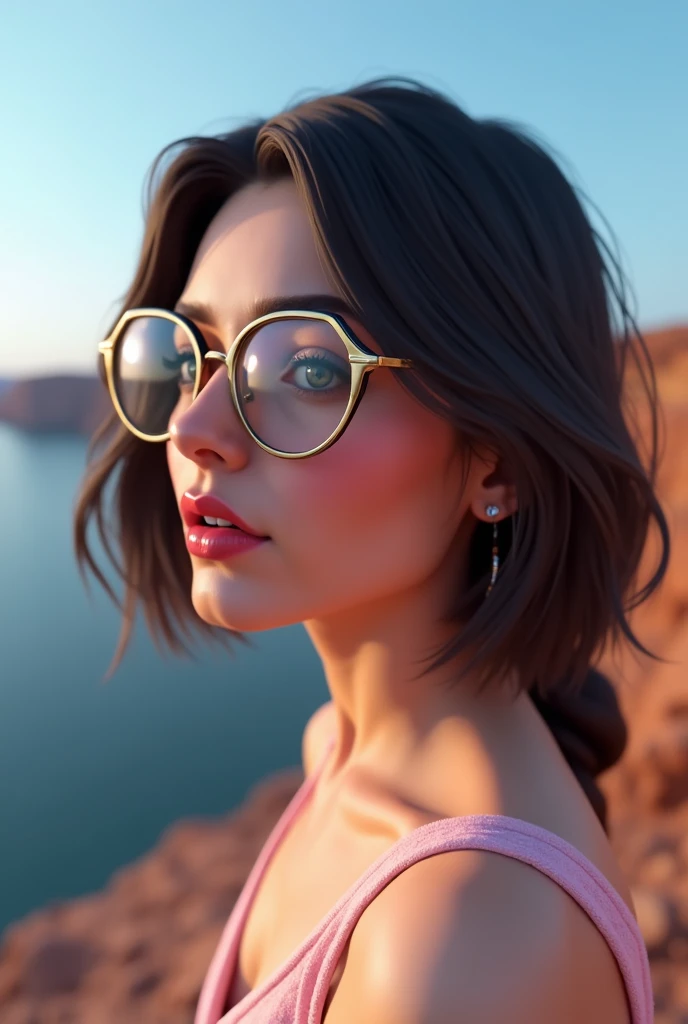 there is a woman with glasses and a pink lip on a cliff, second life avatar, !!wearing modern glasses!!, secondlife, !!wearing glasses!!, stylized portrait h 640, inspired by Dulah Marie Evans, inspired by Leo Leuppi, glamor profile pose, imvu, with glasse...