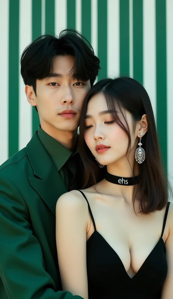 a handsome korean man hug a Beautiful Korean girl faint smile with striking hair straight and long, complementing a sleeveless black dress, which has thin straps. To add to the cohesive look, they wear matching black white chokers around their necks with t...