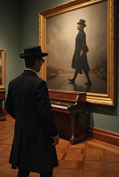 Dans un style vieille photo vintage un homme en costume avec chapeau et lunettes noires de dos dans une salle de musée avec parquet regarde face a lui un grand tableau avec dorures dans lequel on voit en gros plan le clavier d un oegue ou piano et lui marc...