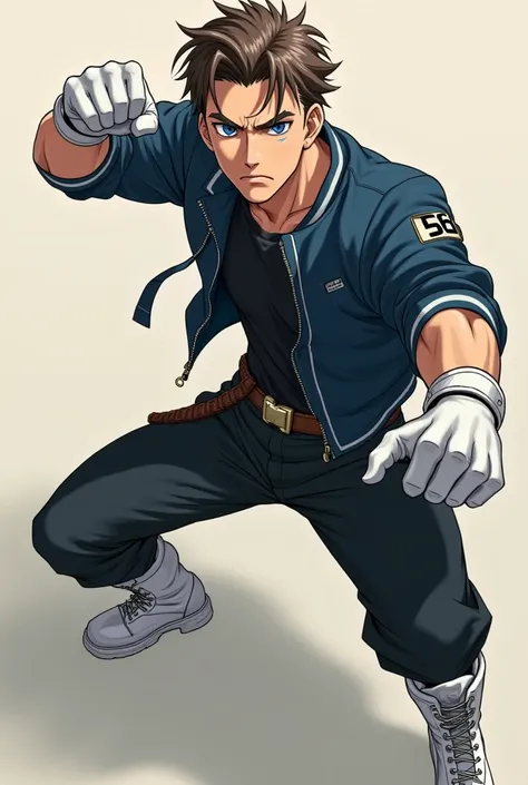 An anime character about 45 years old without a beard   , brown hair styled sideways   ,  with a cool navy blue jacket and white gloves that go up to the elbow ,  black pants ,  and white army boots  , With a fighting pose and with bright dark blue eyes an...