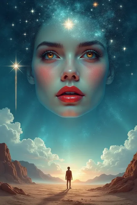 The sky is covered with the face of a beautiful woman, her eyes are hazel and shine like diamonds, and next to the face is a shooting star falling from the sky, shining like the woman's eyes and her lips are plump and red like strawberries, and on the grou...