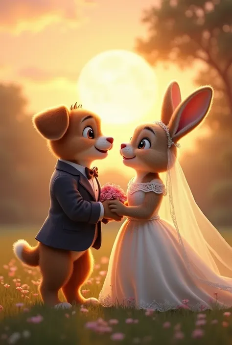 Puppy in a groom's suit ,  bunny in a wedding dress, married, sunset, In love, con luna