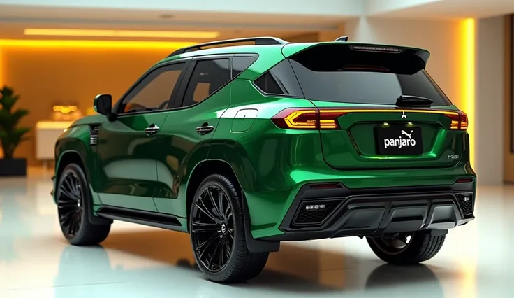 create an ultra-detailed 3D render straight side view open the door, of a  2026 Mitsubishi New Pajero with a bold design captured from straight side view. Side plate reads  panjaro The car should feature a 'Gleamy green color with a 'panjaro ' logo on its ...