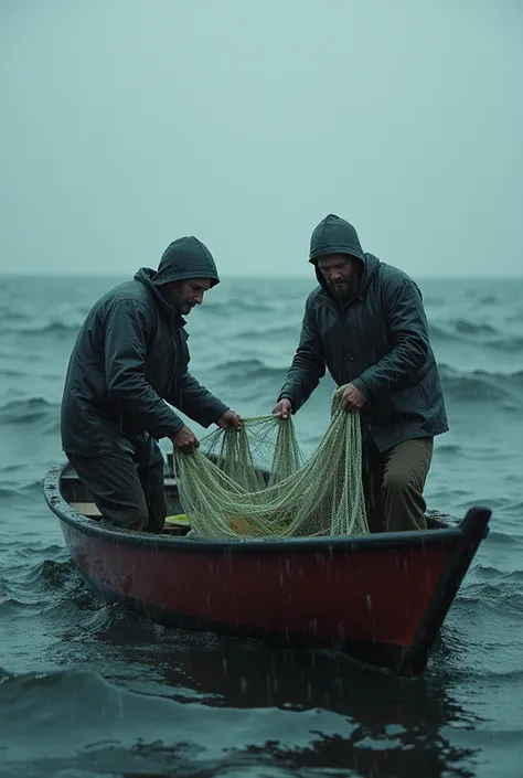 
Hyperrealistic cinematic image : Fishermen on a fishing boat catch a strange squishy animal filled with slime