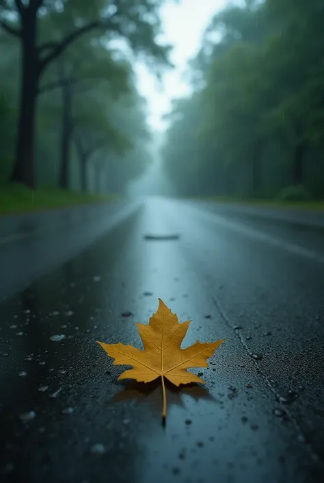 Leaf in road and It's raining 