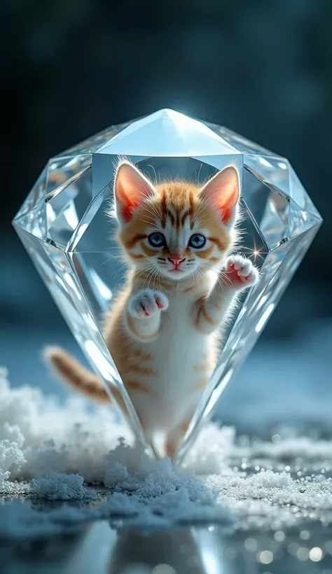  high resolution, masterpiece,  best quality,  high detail,  photos、Kitten trapped inside a brilliant-cut diamond