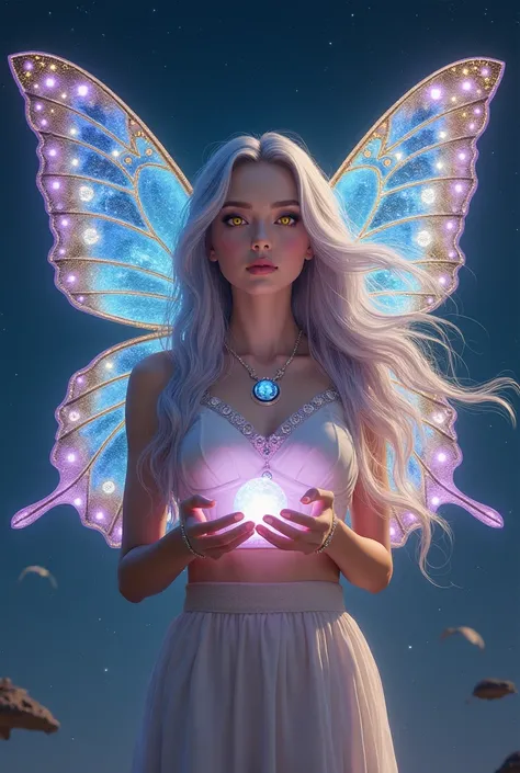 create A realistic mythological butterfly with a female body symbolizes Gemini. Its wings are vast, translucent, in shades of blue, lilac and gold, with patterns of constellations and mirrors that highlight duality. The female body is slender, with radiant...