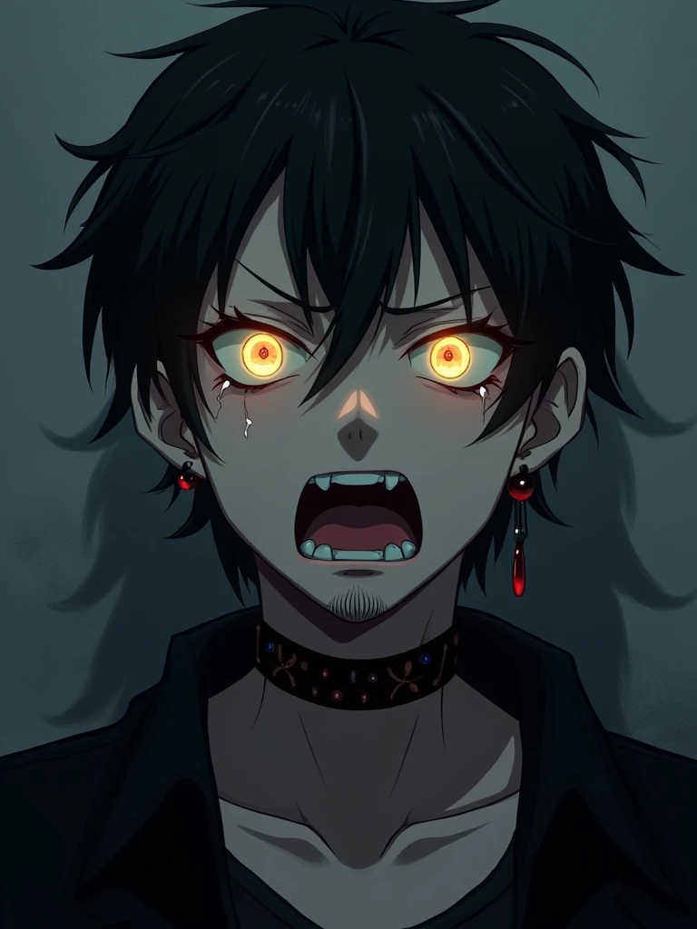 Semi-realism anime, Asian male, black short hair, golden iris, pale skin, wearing black, black choker, stubble, goatee, black earrings, screaming, crying, dark, pain, frustration, glowing eyes, tears