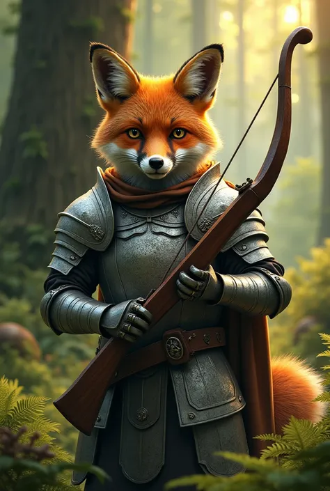  make an image 9 : 16 forest scenario of a fox in armor and a medieval crossbow, It must contain a realistic 