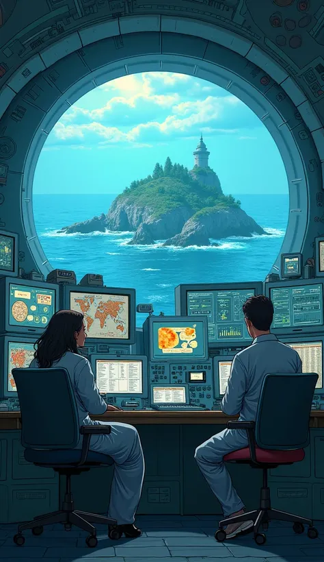  Scientists analyzing an isolated island in the middle of the ocean. On a giant computer .