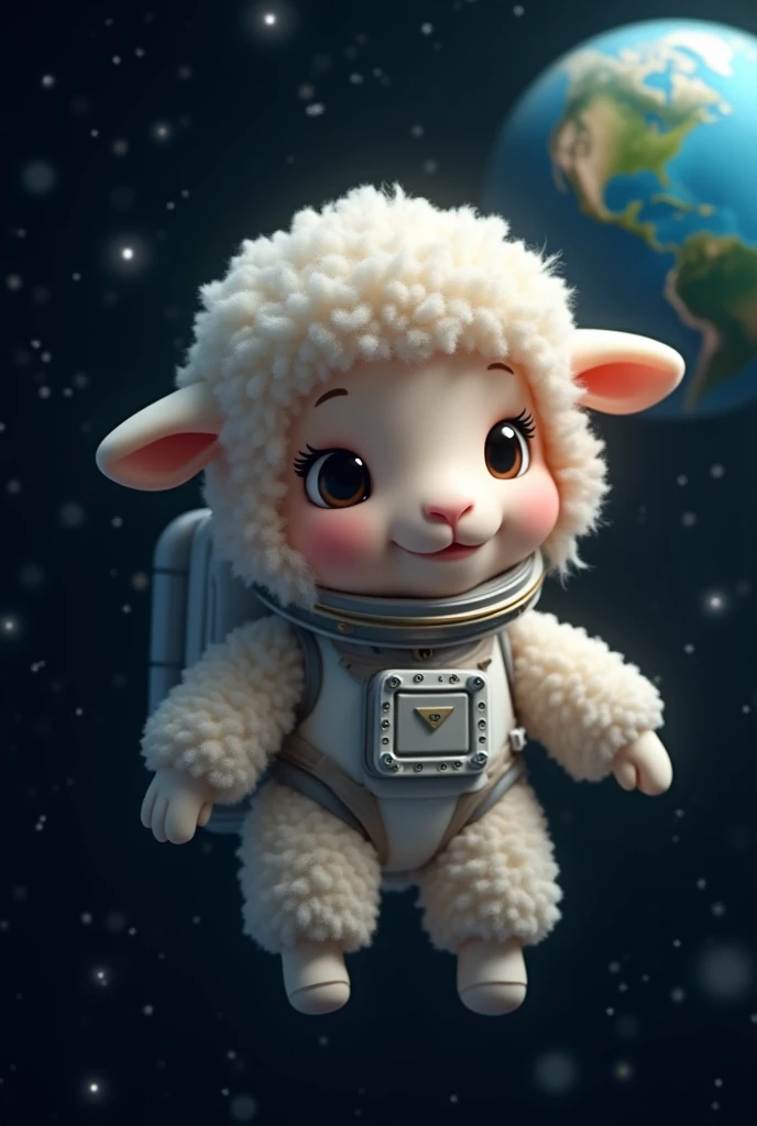 Cute baby sheep with cute eyes and cute cheeks dressed as an astronaut in space can she see planet Earth