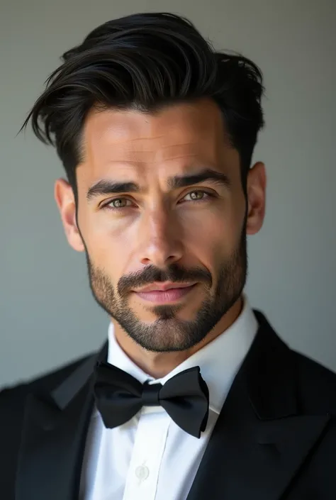 An image of a man with dimples on his face, 30 year old black hair with layered cut,  beard for wearing a tuxedo and a standing bow tie, Straighter ear , Fewer wrinkles, More angled face