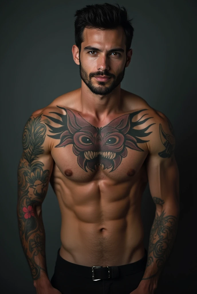 
athletic man,grey eyes,black hair formal medium smile sexy tall tattooed hands mysterious aura, quite handsome little beard penis grande