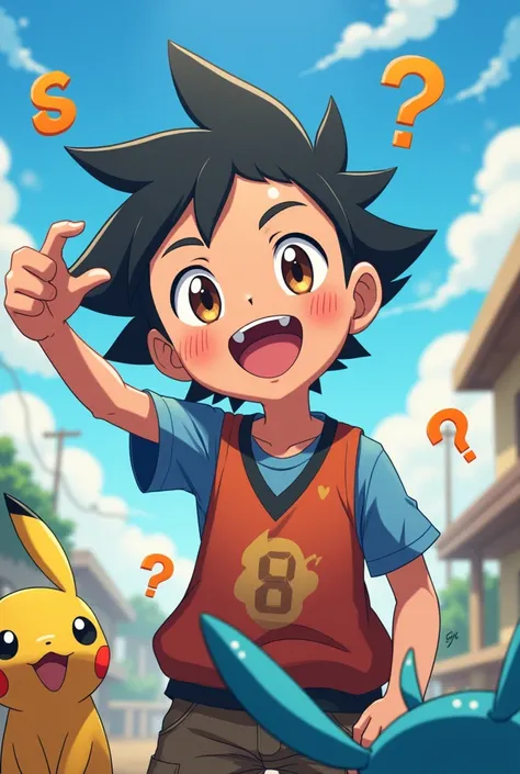 The same boy with black hair and brown eyes Pokemon anime style happy because he discovered how to solve a mathematical problem