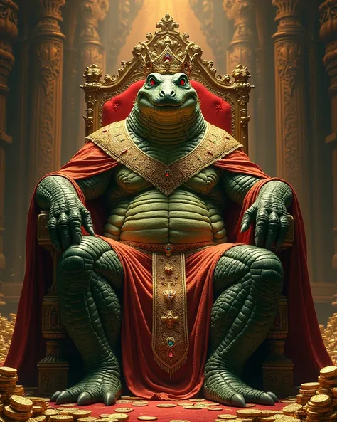 Muscular humanoid crocodile with red eyes sitting on a king's throne dressed in king costumes wearing a crown full of jewels gold rings on all fingers gold watch smoking a cigar full of jewels and the king's clothes and the floor covered by piles of money ...