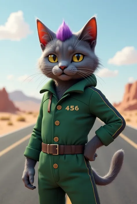  create a realistic image of a gray cat , with a purple tuft ,  soft coat and penetrating eyes ,  wearing the green uniform of the 'Round Six' . No Uniform,  the number '456' is visible . He's on a deserted road,  with a wide and vast backdrop in the backg...