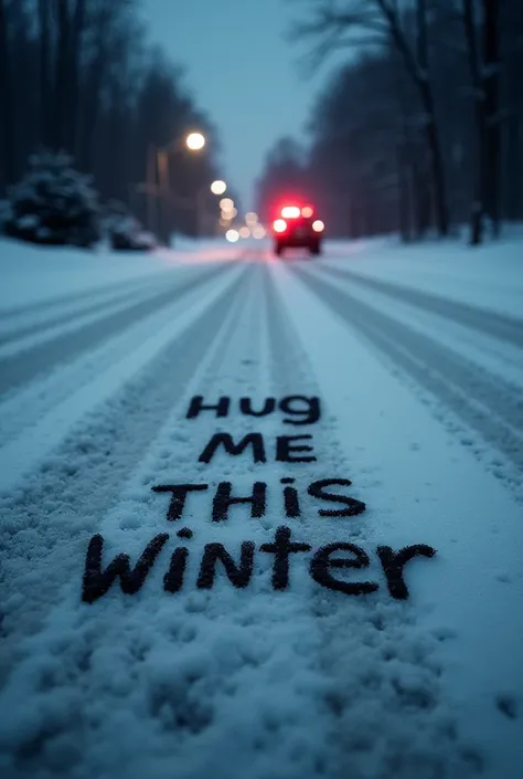 book cover with the inscription Hug me this winter, in the background a road surface covered with snow, the inscription looks as if written on snow, it's dark, we can see ambulance lights