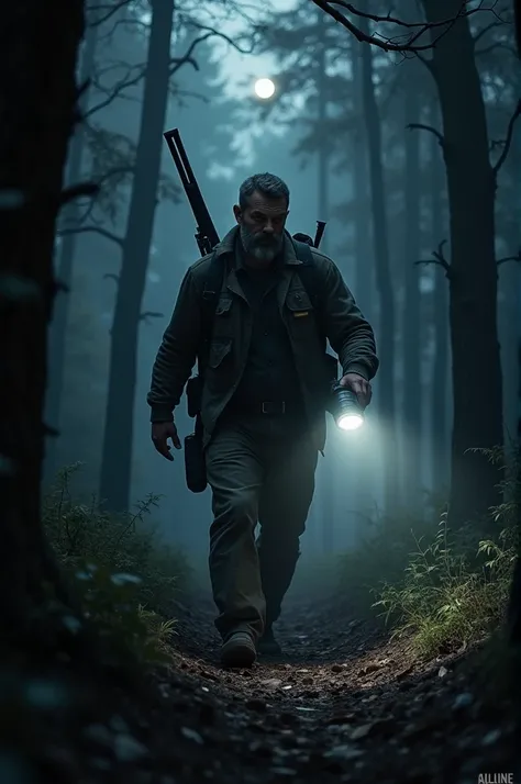 Bearded man with a flashlight and a shotgun on his back walking in a forest at night searching 