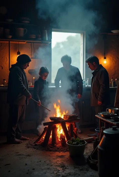 une famille dans une cuisine traditionnelle sombre et enfumée, avec un feu de cuisson rudimentaire à base de charbon, de bois ou de kérosène. L'atmosphère est lourde, et on voit les membres de la famille se protéger le visage contre la fumée. En arrière-pl...